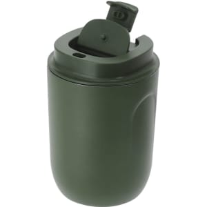 A drink bottle in a dark green colour with a flip lid and insulated design. It features a logo.