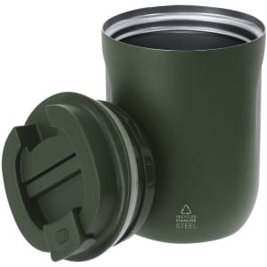 A drink bottle in olive green, made from recycled stainless steel, featuring a removable lid.