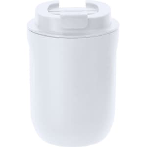 A white insulated travel mug with a secure lid and a simple design, featuring a logo on the surface.