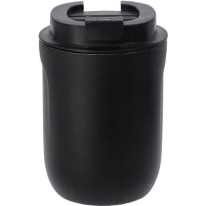 A drink bottle in matte black with a secure lid, featuring a logo. Ideal for insulated beverages on the go.