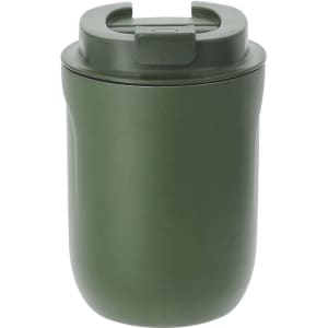A drink bottle in olive green with a lid, featuring a simple design and a logo. Ideal for travel and insulation.