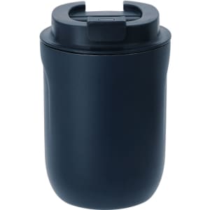 A drink bottle in navy blue with a lid, featuring a logo on the side, designed for insulated travel use.