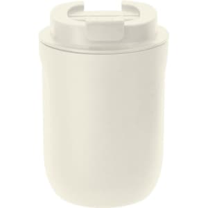 An insulated travel mug in a light cream colour with a lid and a handle. It features branding.
