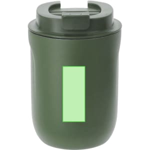 A travel mug in an olive green colour with a lid and a logo.