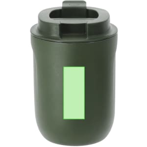 A drink bottle in dark green with a simple design and a logo, featuring a wide opening on top.