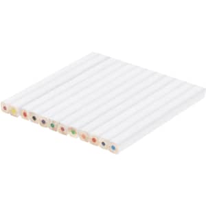 A set of coloured pencils with varying bright colours, arranged parallel on a white background. The set includes a branding logo.