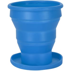 A blue collapsible cup with a matching base, made of flexible material. The design is modern and practical.
