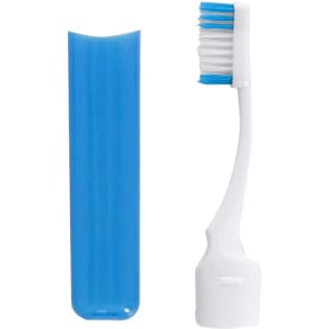 A blue travel toothbrush case alongside a white toothbrush with blue bristles. The case is sleek and compact.
