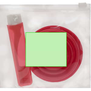 A red drink bottle and flexible silicone travel containers in a clear pouch with a logo.