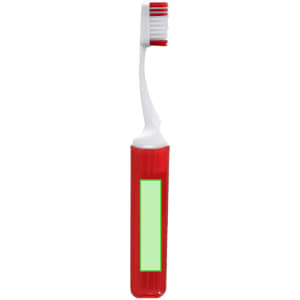 A red toothbrush with a white head, featuring a branded handle and a green section for personalisation.