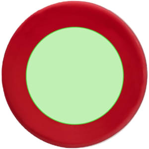 A round plate with a bright red outer rim and a pale green centre, featuring a simple design.