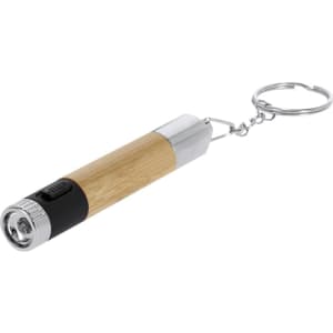 A bamboo and silver pen torch with a keychain attachment, featuring a black base and a small LED light.