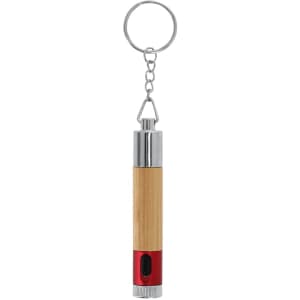 A keychain torch shaped like a pen, featuring a bamboo barrel and red end cap with a silvery clip.