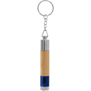 A bamboo pen torch with a keychain attachment. It features a blue base and metallic accents.