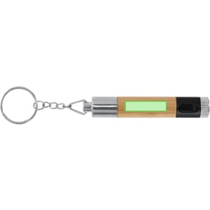A bamboo pen torch with a keychain attachment, featuring silver accents and a green illumination area.