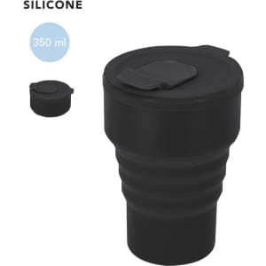 A foldable black silicone cup with a lid, featuring a compact design and a capacity of 350 ml.