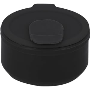 A foldable cup in black with a secure lid, ideal for convenient drinkware storage. Features a logo on the side.