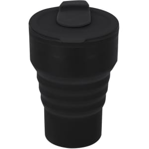 A foldable plastic cup in black, featuring a lid and a ribbed design for easy gripping.