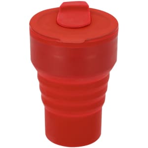 A foldable red cup with a lid, featuring a ridged design and a logo on the surface.