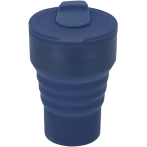 A foldable plastic cup in a navy blue colour with a secure lid and ribbed design. It features a brand logo.