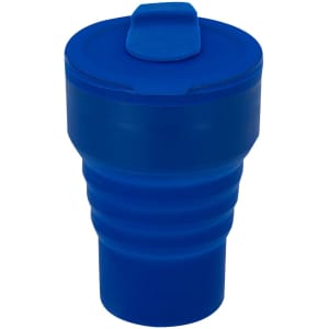 A blue foldable cup with a lid, featuring a ribbed design and a prominent logo. Designed for easy storage.