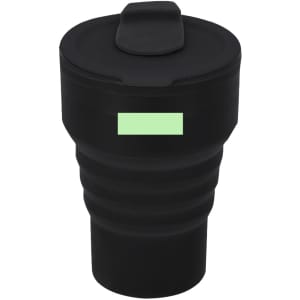 A foldable black cup with a secure lid, featuring a logo, designed for easy storage and transport.
