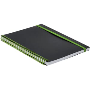 A black notebook with a green spiral binding and a matching elastic strap. It features a sleek, minimalist design.