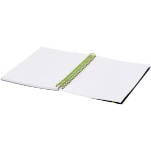 A spiral-bound notebook with lined pages, featuring a black cover and a green binding.