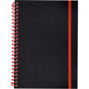 A black notebook with a red spiral binding and a red stripe on the cover. It features a logo on the front.