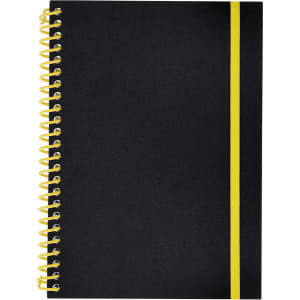 A black notebook with yellow spiral binding and a yellow elastic band. Features a plain cover.