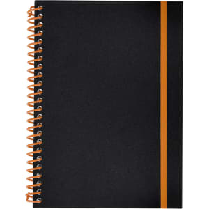 A black notebook with an orange spiral binding and an orange elastic strap. It features a logo on the cover.