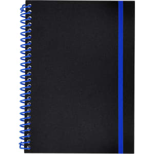 A black notebook with a blue spiral binding and a blue striped design along the spine.
