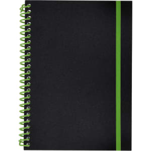 A black notebook with a green spiral binding and a green stripe along the side. It features a logo on the cover.