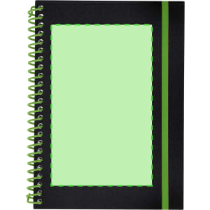 A black notebook with a green spiral binding and a green accent stripe, featuring a blank green rectangle on the front.