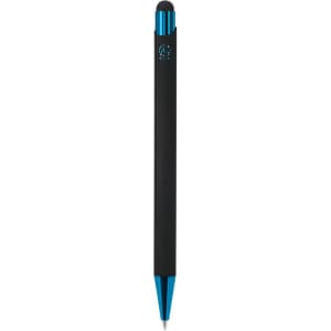 A black ballpoint pen with a blue stylus tip and metallic blue accents, featuring a logo.