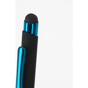 A black pen with a blue metallic clip and a stylus tip for touchscreen devices.