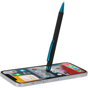 A stylus touch ball pen in black with a teal clip, positioned upright on a smartphone displaying an app interface.