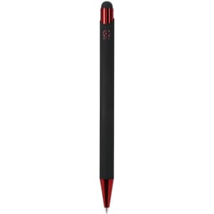 A black stylus touch ball pen with a red tip and branding on the barrel.