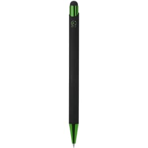 A black ball pen with a green accent and a stylus tip, featuring a logo on the barrel.