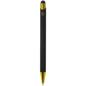 A black and gold stylus touch ball pen featuring a logo on the body.