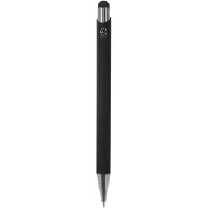 A black stylus touch ball pen with a sleek design and a silver trim. It features a branding logo.