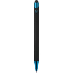 A black and blue stylus touch ball pen featuring a sleek design and a branding logo.
