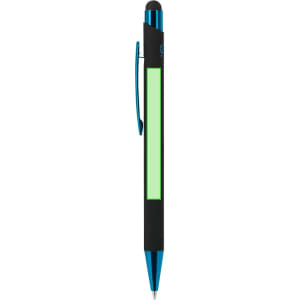 A black and blue ballpoint pen with a stylus tip and a green section for branding. Features a clip for easy attachment.
