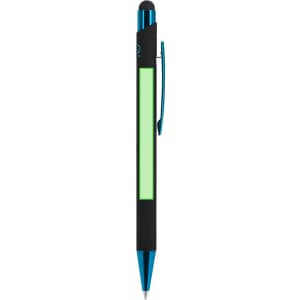 A black and blue stylus touch ball pen with a green section and a clip for easy attachment.
