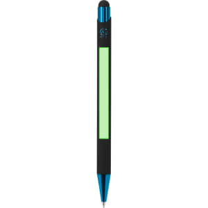 A black pen with a green panel and blue accents, featuring a stylus tip and a logo.