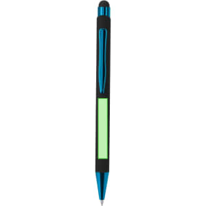 A black and blue stylus touch ball pen with a green highlighting area and a pocket clip.