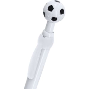 A plastic pen featuring a white body with a black and white soccer ball top. It has a branded logo.