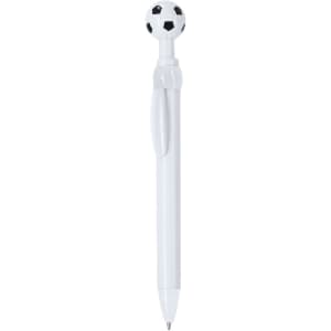 A plastic pen featuring a white body and a football-shaped topper in black and white, with a logo on the side.