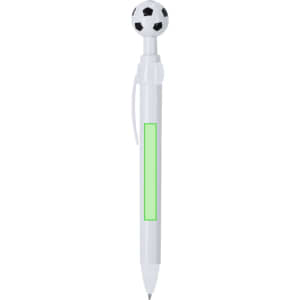 A plastic pen with a white body, featuring a soccer ball topper and a green accent section. It has a branding logo.