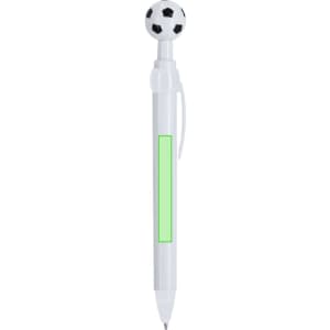 A white pen with a green section and a soccer ball topper, featuring a clip for easy attachment.